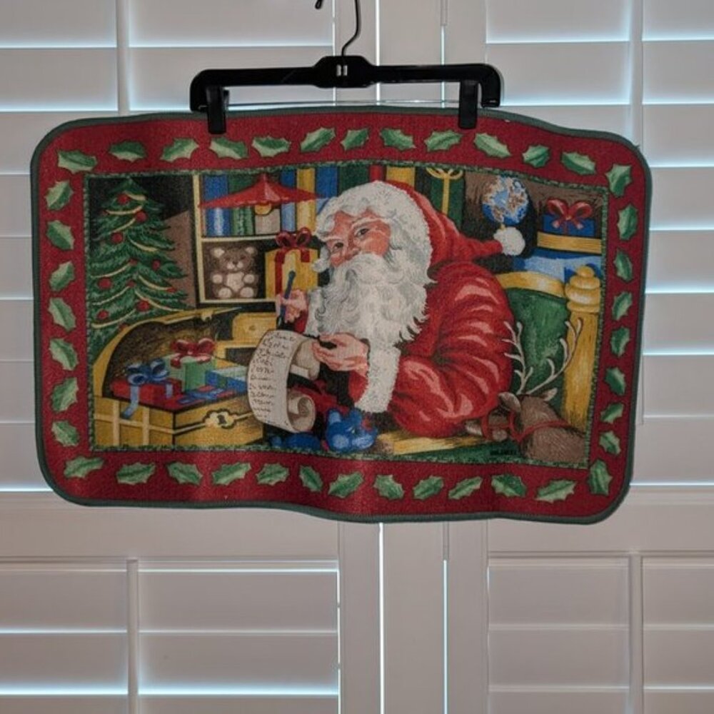 Vintage Small Christmas Santa Claus Reindeer List Toys Tree Door Throw Mat Rug